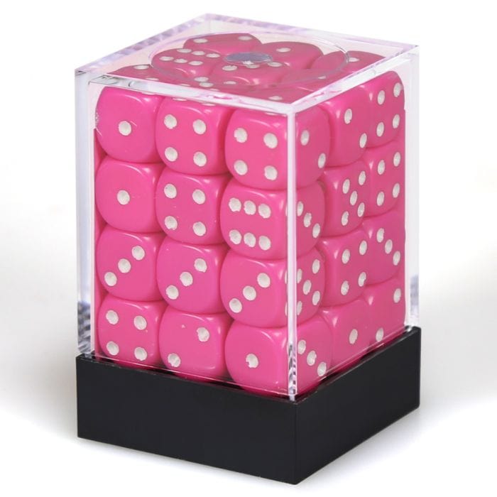 Chessex Manufacturing d6 Cube 12mm Opaque Pink with White (36) - Lost City Toys