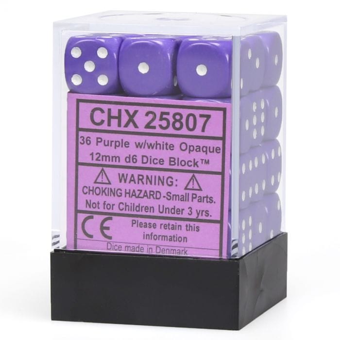 Chessex Manufacturing d6 Cube 12mm Opaque Purple with White (36) - Lost City Toys
