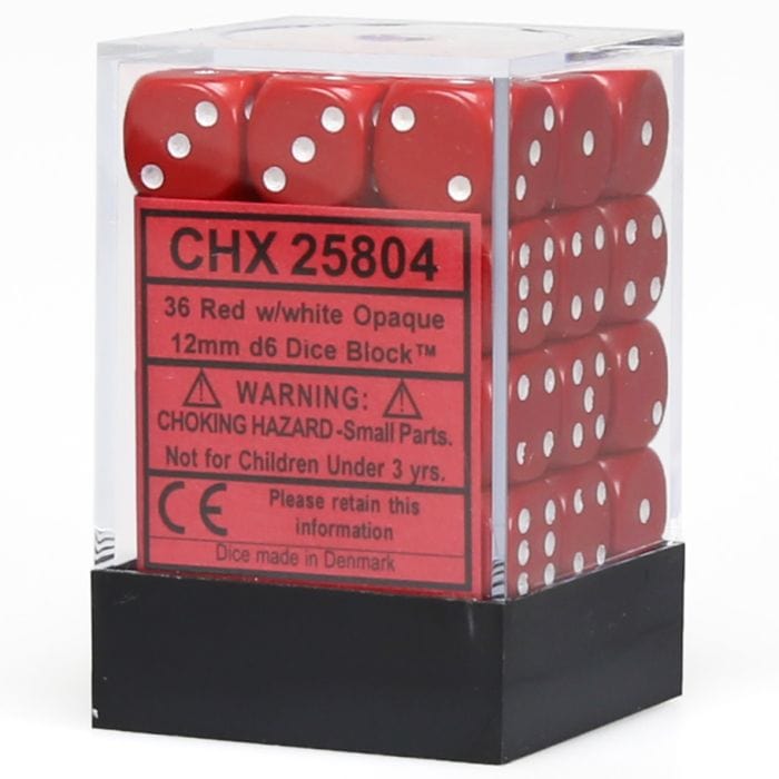 Chessex Manufacturing d6 Cube 12mm Opaque Red with White (36) - Lost City Toys