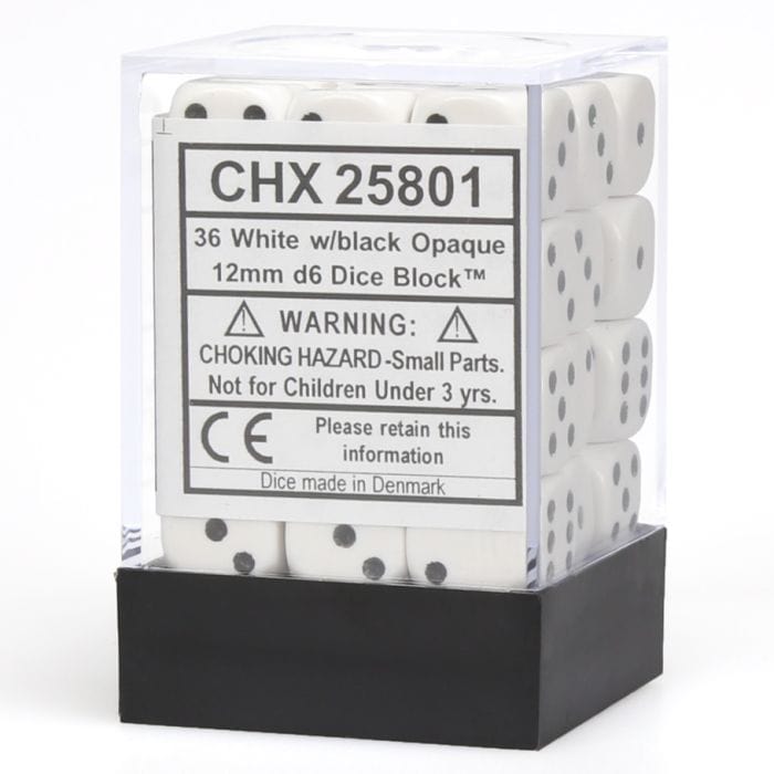 Chessex Manufacturing d6 Cube 12mm Opaque White with Black (36) - Lost City Toys