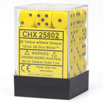 Chessex Manufacturing d6 Cube 12mm Opaque Yellow with Black (36) - Lost City Toys