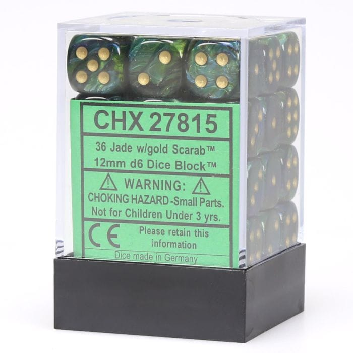 Chessex Manufacturing d6 Cube 12mm Scarab Jade with Gold (36) - Lost City Toys