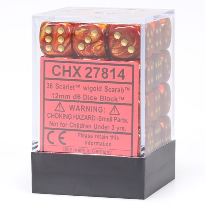 Chessex Manufacturing d6 Cube 12mm Scarab Scarlet with Gold (36) - Lost City Toys