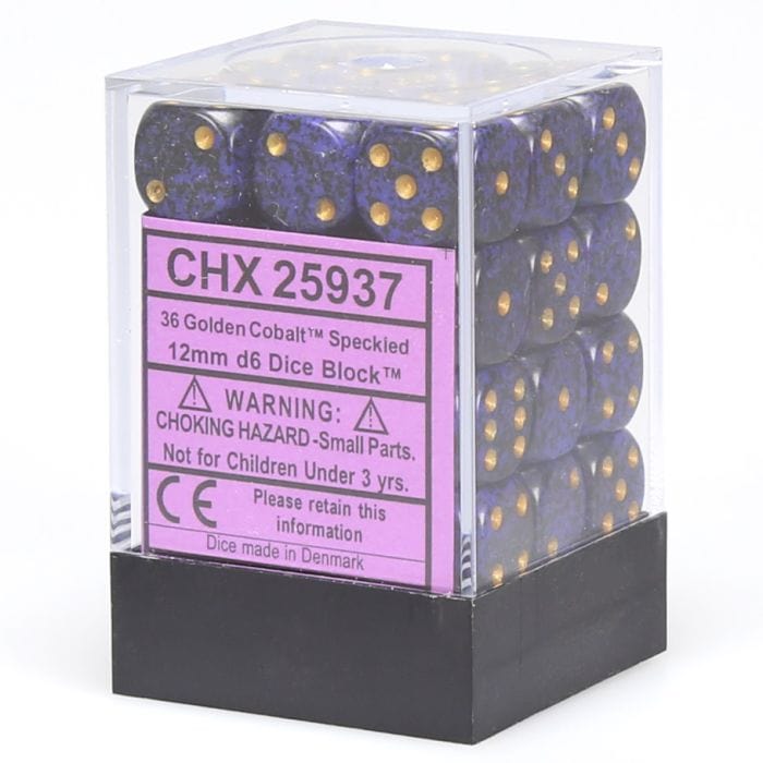 Chessex Manufacturing d6 Cube 12mm Speckled Golden Cobalt (36) - Lost City Toys