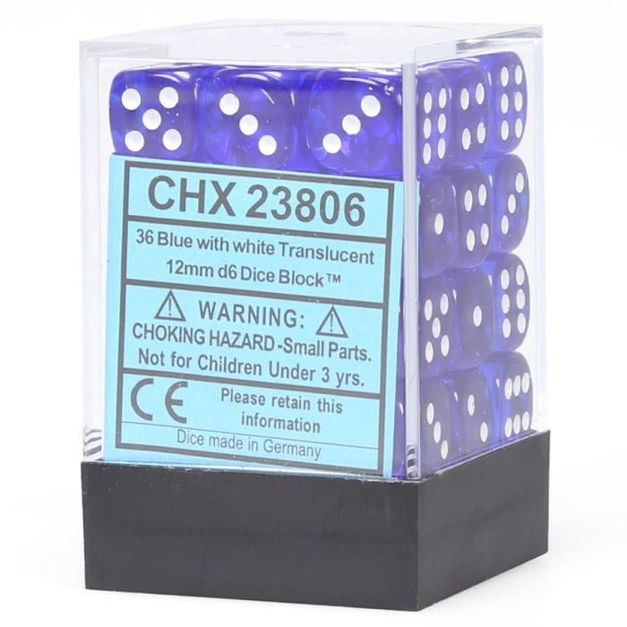 Chessex Manufacturing d6 Cube 12mm Translucent Blue with White (36) - Lost City Toys
