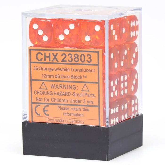 Chessex Manufacturing d6 Cube 12mm Translucent Orange with White (36) - Lost City Toys