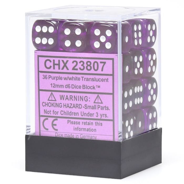 Chessex Manufacturing d6 Cube 12mm Translucent Purple with White (36) - Lost City Toys