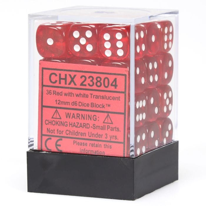 Chessex Manufacturing d6 Cube 12mm Translucent Red with White (36) - Lost City Toys