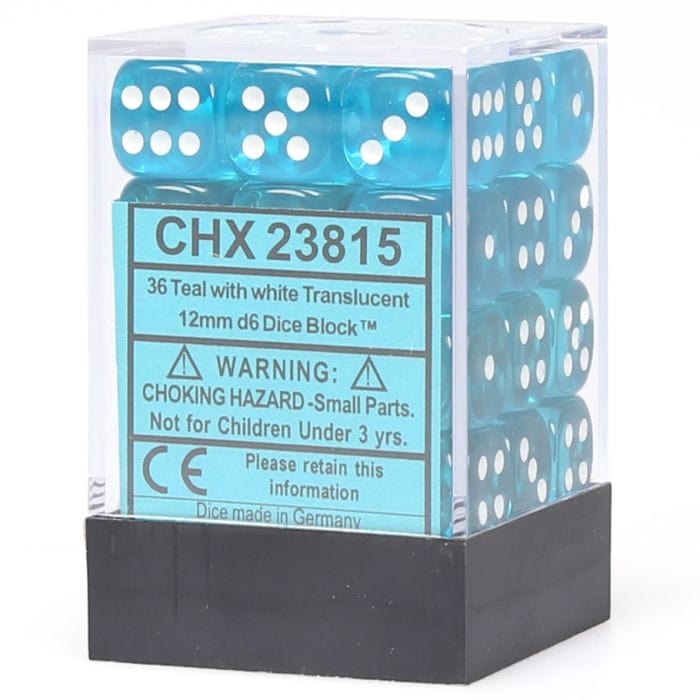 Chessex Manufacturing d6 Cube 12mm Translucent Teal with White (36) - Lost City Toys