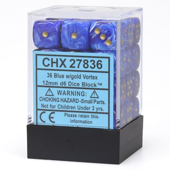 Chessex Manufacturing d6 Cube 12mm Vortex Blue with Gold (36) - Lost City Toys