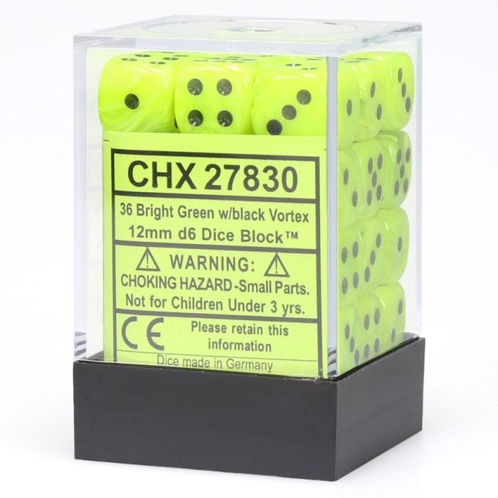 Chessex Manufacturing d6 Cube 12mm Vortex Bright Green with Black (36) - Lost City Toys