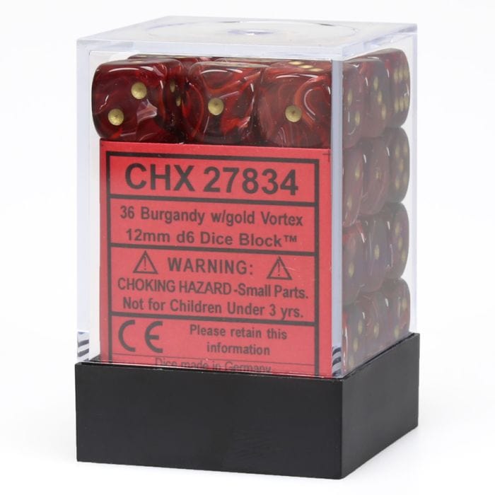 Chessex Manufacturing d6 Cube 12mm Vortex Burgandy with Gold (36) - Lost City Toys