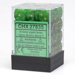 Chessex Manufacturing d6 Cube 12mm Vortex Green with Gold (36) - Lost City Toys