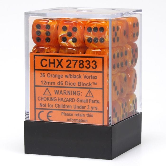 Chessex Manufacturing d6 Cube 12mm Vortex Orange with Black (36) - Lost City Toys