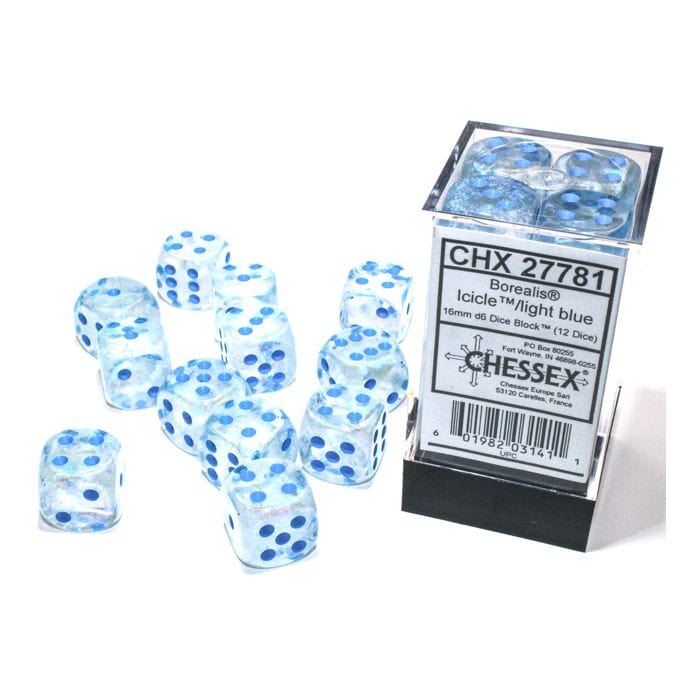 Chessex Manufacturing d6 Cube 16mm Borealis Luminary Icicle with Light Blue (12) - Lost City Toys