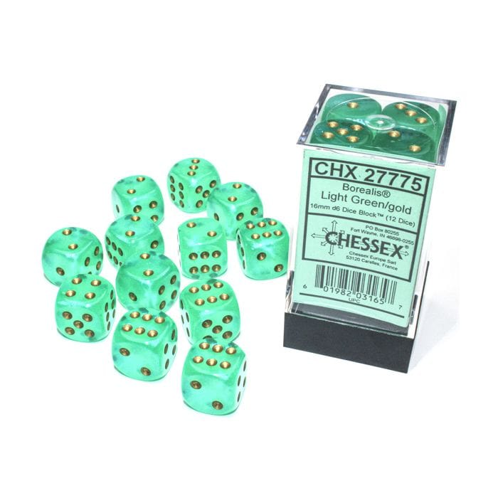Chessex Manufacturing d6 Cube 16mm Borealis Luminary Light Green with Gold (12) - Lost City Toys