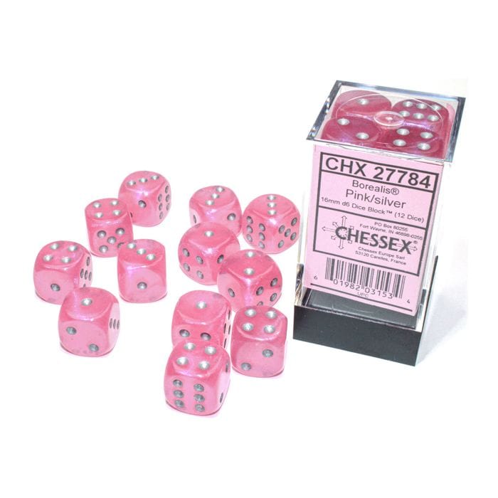 Chessex Manufacturing d6 Cube 16mm Borealis Luminary Pink with Silver (12) - Lost City Toys