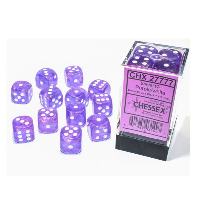 Chessex Manufacturing d6 Cube 16mm Borealis Luminary Purple with White (12) - Lost City Toys