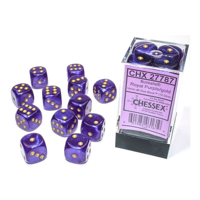 Chessex Manufacturing d6 Cube 16mm Borealis Luminary Royal Purple with Gold (12) - Lost City Toys