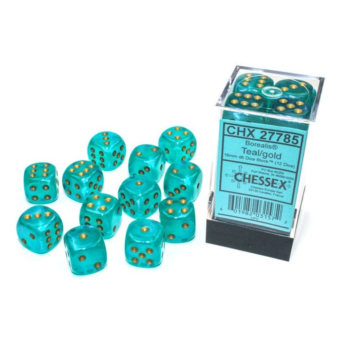 Chessex Manufacturing d6 Cube 16mm Borealis Luminary Teal with Gold (12) - Lost City Toys