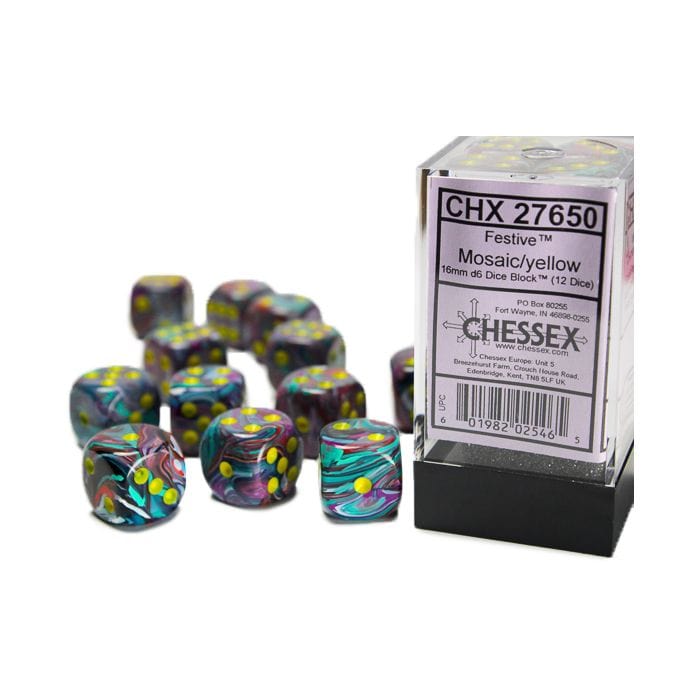 Chessex Manufacturing d6 Cube 16mm Festive Mosaic with Yellow (12) - Lost City Toys