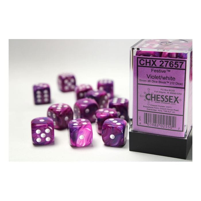 Chessex Manufacturing d6 Cube 16mm Festive Violet with White (12) - Lost City Toys