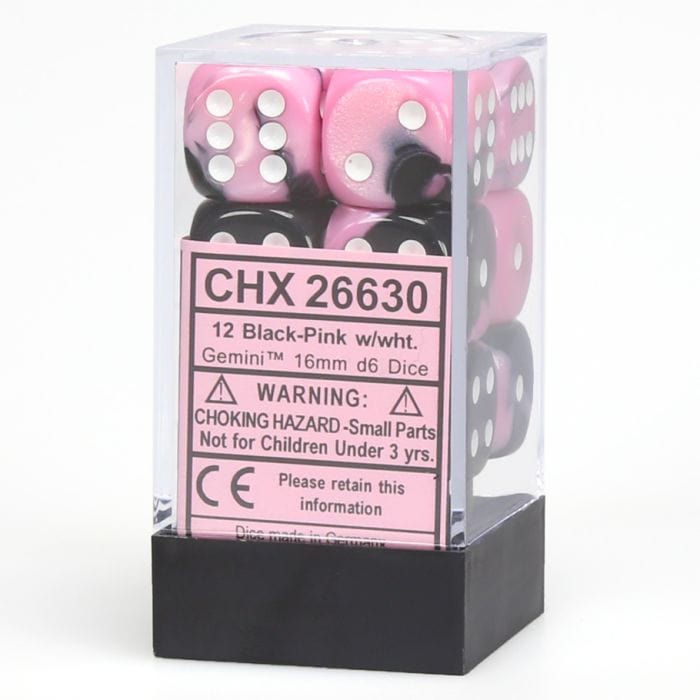 Chessex Manufacturing d6 Cube 16mm Gemini Black and Pink with White (12) - Lost City Toys