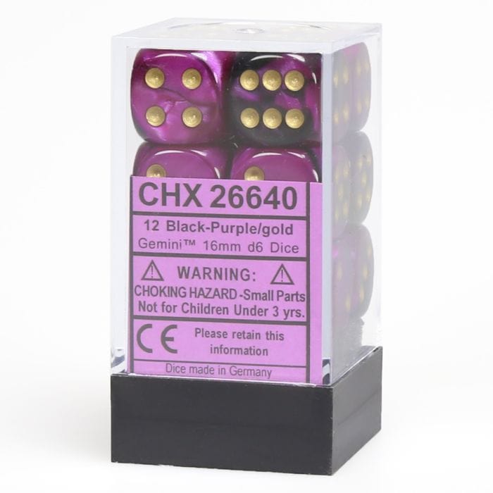 Chessex Manufacturing d6 Cube 16mm Gemini Black and Purple with Gold (12) - Lost City Toys