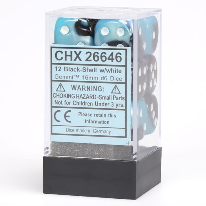 Chessex Manufacturing d6 Cube 16mm Gemini Black and Shell with White (12) - Lost City Toys