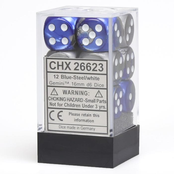 Chessex Manufacturing d6 Cube 16mm Gemini Blue and Steel with White (12) - Lost City Toys