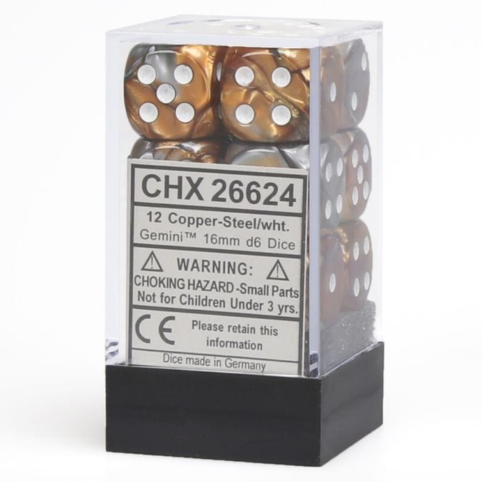 Chessex Manufacturing d6 Cube 16mm Gemini Copper and Steel with White (12) - Lost City Toys