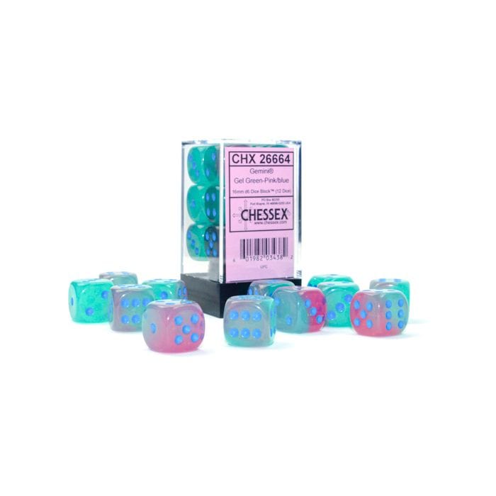 Chessex Manufacturing d6 Cube 16mm Gemini Luminary Gel Green - Pink with Blue (12) - Lost City Toys