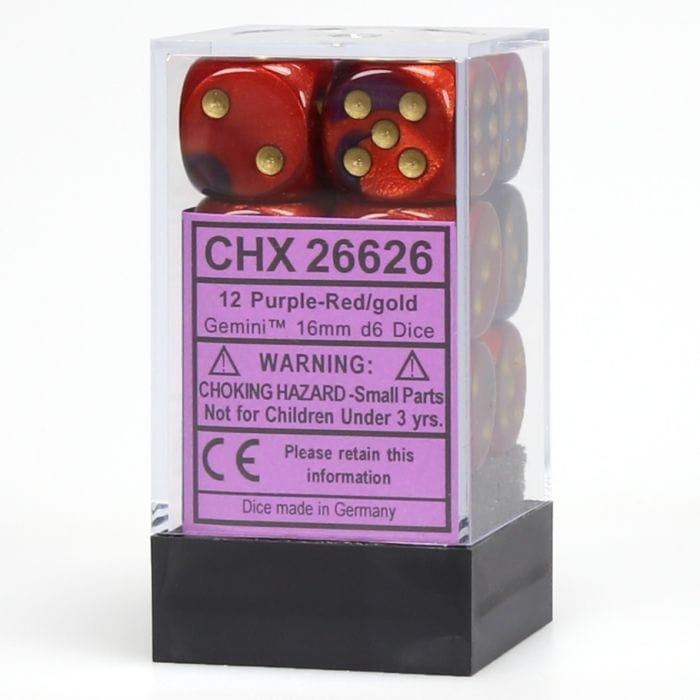 Chessex Manufacturing d6 Cube 16mm Gemini Purple and Red with Gold (12) - Lost City Toys