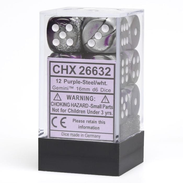 Chessex Manufacturing d6 Cube 16mm Gemini Purple and Steel with White (12) - Lost City Toys