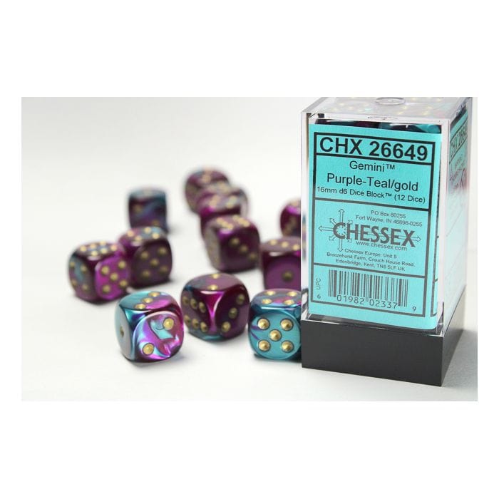 Chessex Manufacturing d6 Cube 16mm Gemini Purple and Teal with Gold (12) - Lost City Toys