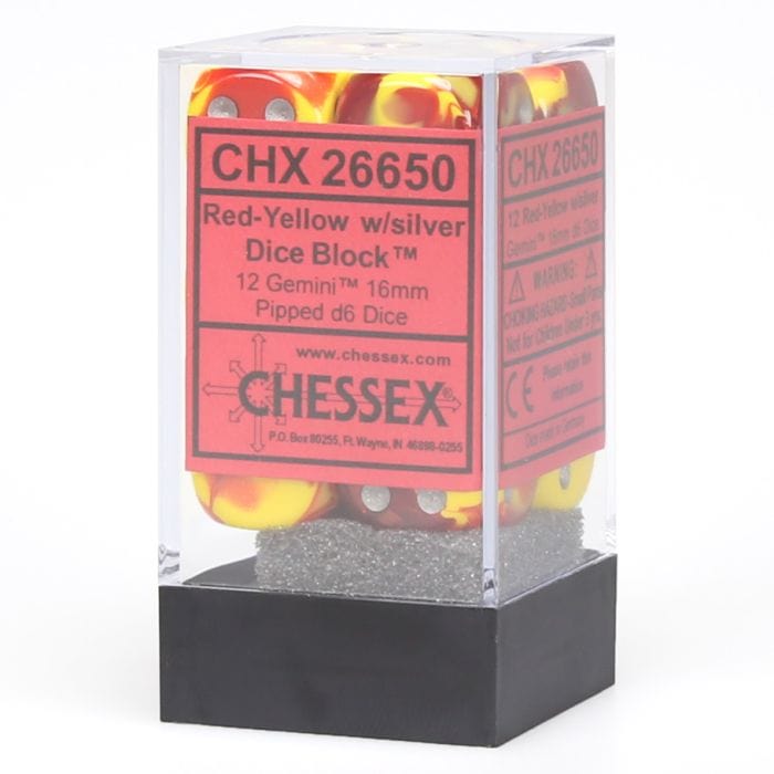 Chessex Manufacturing d6 Cube 16mm Gemini Red and Yellow with Silver - Lost City Toys