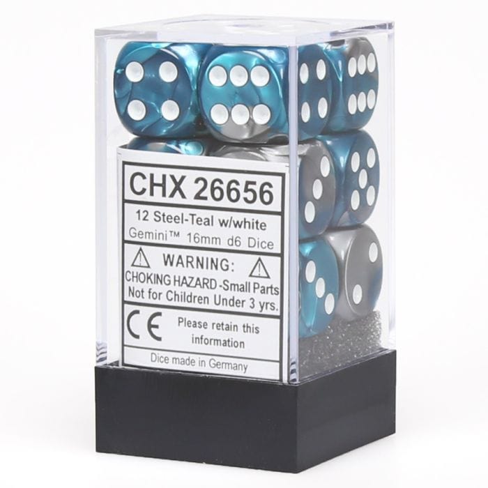 Chessex Manufacturing d6 Cube 16mm Gemini Steel and Teal with White (12) - Lost City Toys