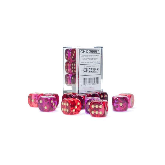 Chessex Manufacturing d6 Cube 16mm Gemini Translucent Red - Violet with Gold (12) - Lost City Toys