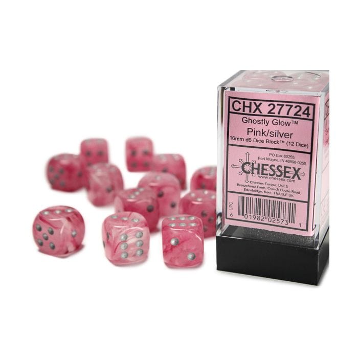 Chessex Manufacturing d6 Cube 16mm Ghostly Glow Pink with Silver (12) - Lost City Toys