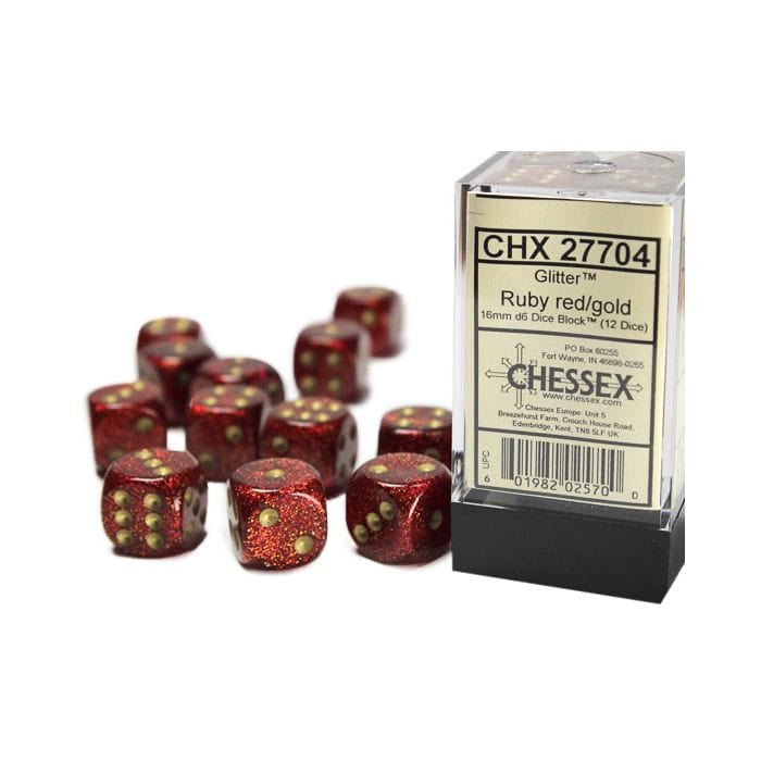 Chessex Manufacturing d6 Cube 16mm Glitter Ruby with Gold (12) - Lost City Toys
