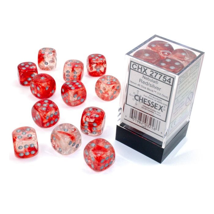 Chessex Manufacturing d6 Cube 16mm Luminary Nebula Red with Silver (12) - Lost City Toys