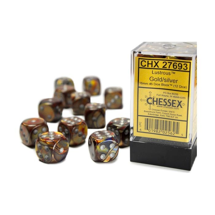 Chessex Manufacturing d6 Cube 16mm Lustrous Gold with Silver (12) - Lost City Toys