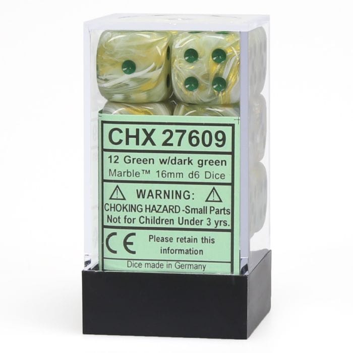Chessex Manufacturing d6 Cube 16mm Marble Green with Dark Green (12) - Lost City Toys