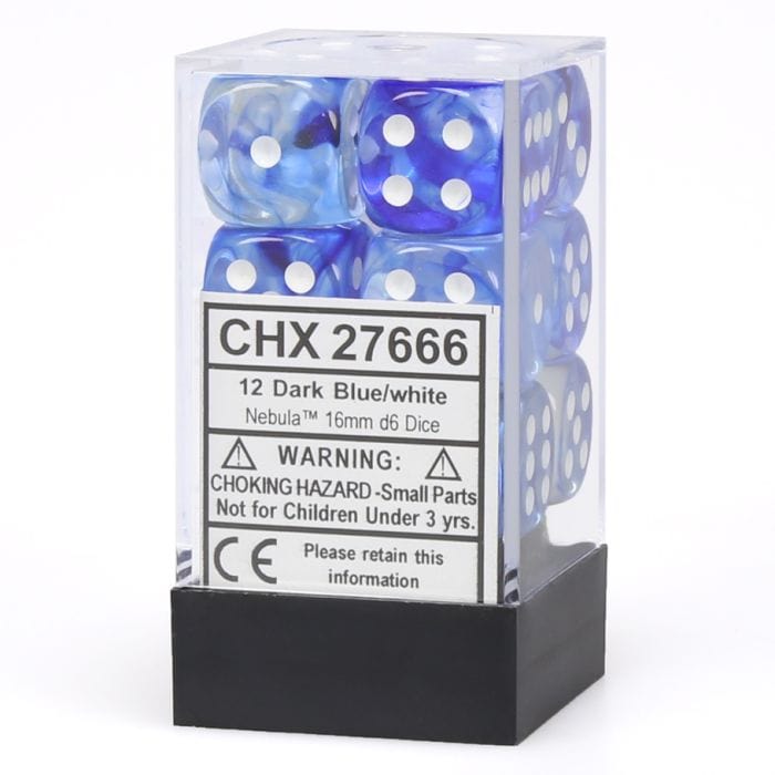Chessex Manufacturing d6 Cube 16mm Nebula Dark Blue with White (12) - Lost City Toys