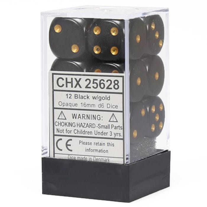 Chessex Manufacturing d6 Cube 16mm Opaque Black with Gold (12) - Lost City Toys