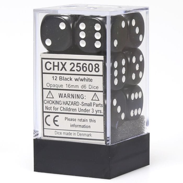 Chessex Manufacturing d6 Cube 16mm Opaque Black with White (12) - Lost City Toys