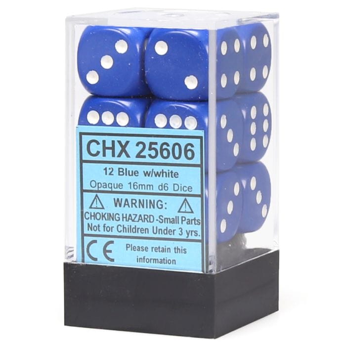 Chessex Manufacturing d6 Cube 16mm Opaque Blue with White (12) - Lost City Toys