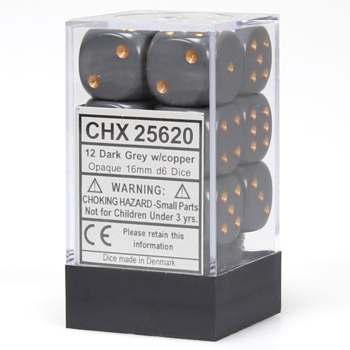 Chessex Manufacturing d6 Cube 16mm Opaque Dark Grey with Copper (12) - Lost City Toys