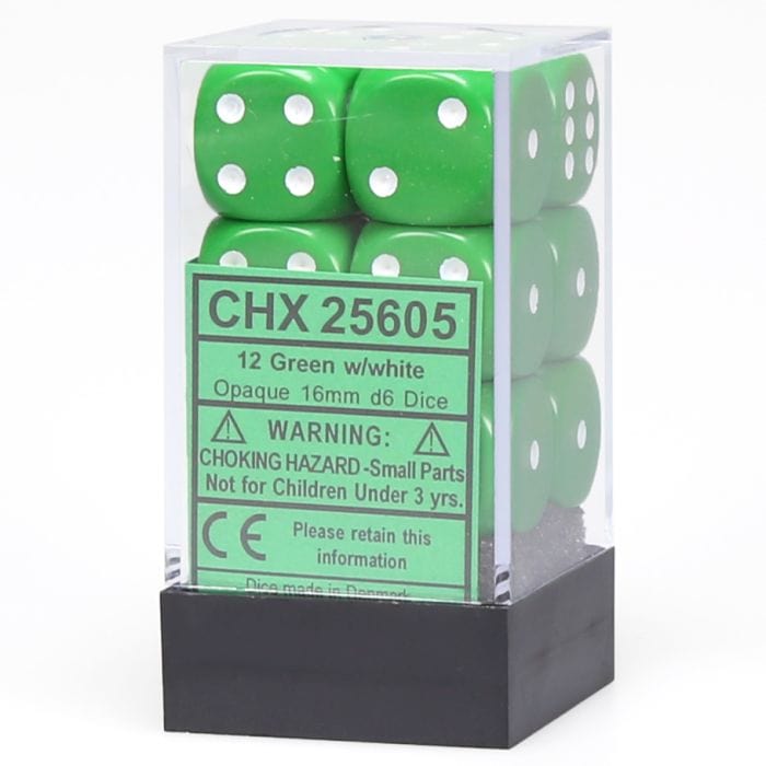 Chessex Manufacturing d6 Cube 16mm Opaque Green with White (12) - Lost City Toys