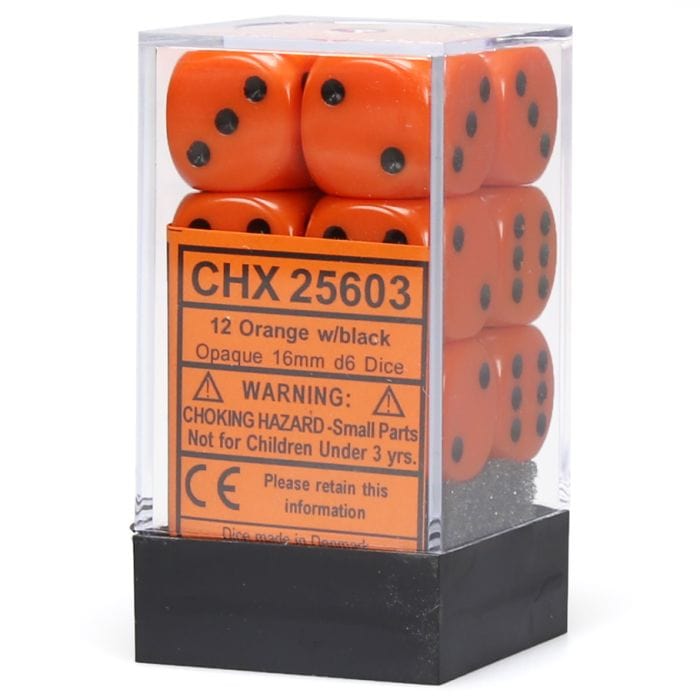 Chessex Manufacturing d6 Cube 16mm Opaque Orange with Black (12) - Lost City Toys